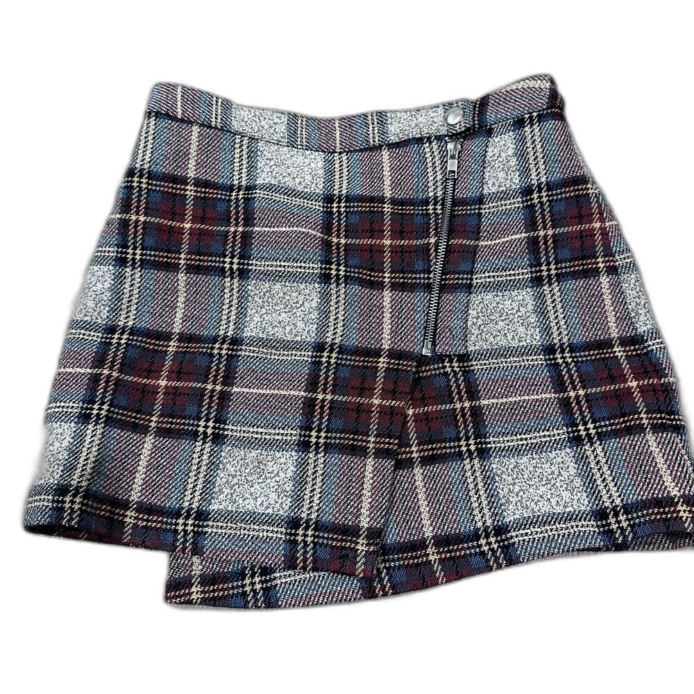 Topshop Plaid Bouclé Tweed Skort Exposed Zipper Asymmetric Mini Burgundy US 4